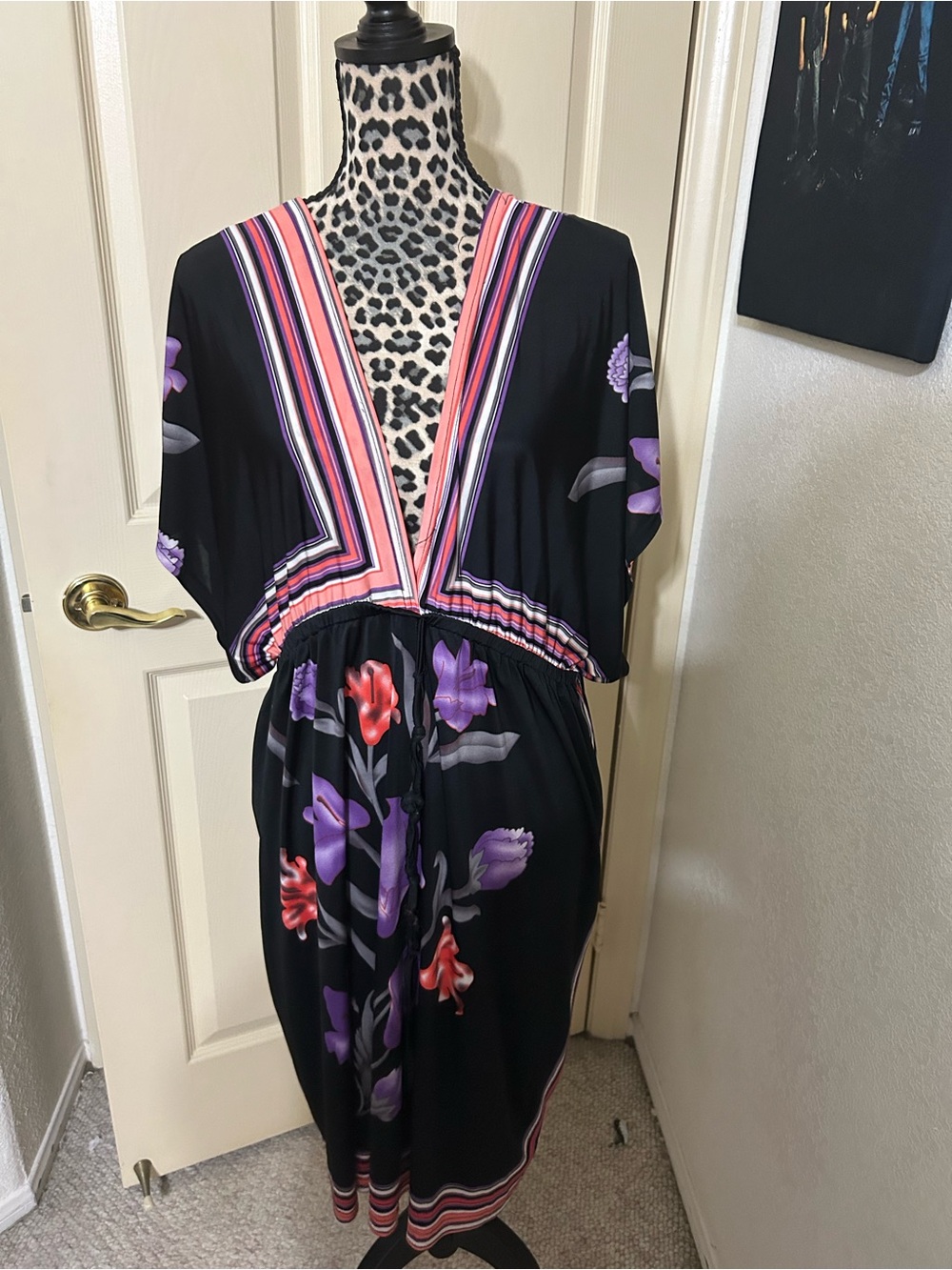 Black Floral V-Neck Midi Dress with Purple & Pink Trim